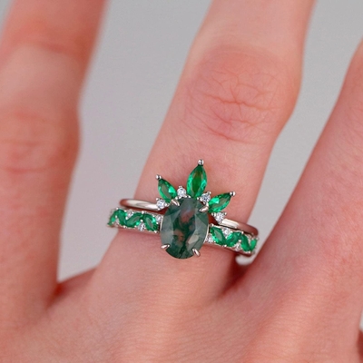 Moss Agate Emerald Ring Set , ครบรอบเครื่องประดับของขวัญสัญญาแหวนแต่งงาน