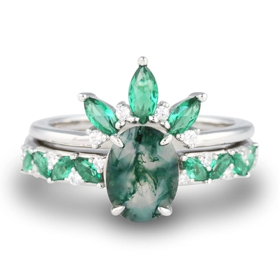 Moss Agate Emerald Ring Set , ครบรอบเครื่องประดับของขวัญสัญญาแหวนแต่งงาน