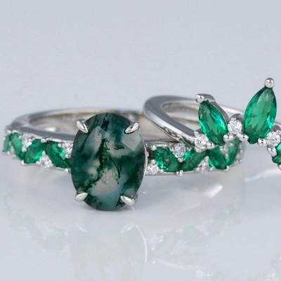 Moss Agate Emerald Ring Set , ครบรอบเครื่องประดับของขวัญสัญญาแหวนแต่งงาน