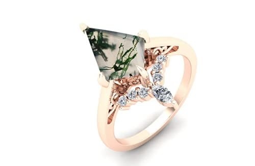 Kite Shape Stone Natural Moss Agate แหวนหมั้น Vintage Art Deco Gift Love