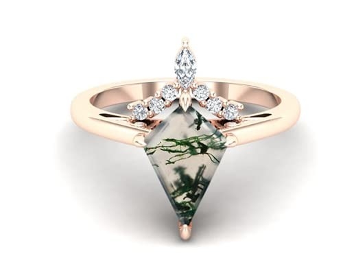 Kite Shape Stone Natural Moss Agate แหวนหมั้น Vintage Art Deco Gift Love