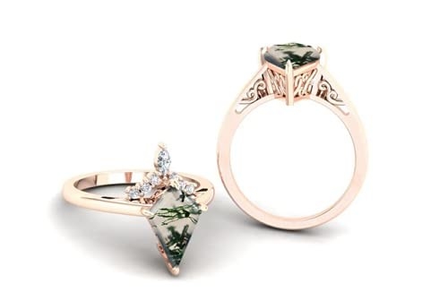 Kite Shape Stone Natural Moss Agate แหวนหมั้น Vintage Art Deco Gift Love