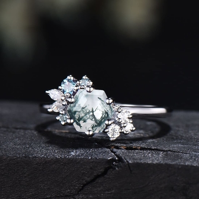 Hexagon Cut Natural Moiss Agate Vintage Unique Moissanite Bridal Ring For Art Deco