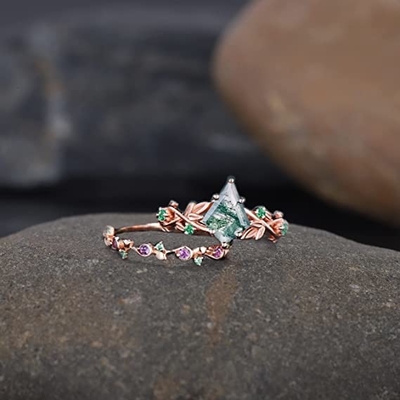Solid Rose Gold 1.25ct Natural Inspired Leaf Moss Agate เครื่องประดับกลุ่มอัญมณี Emerald Aquatic