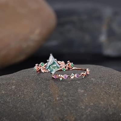Solid Rose Gold 1.25ct Natural Inspired Leaf Moss Agate เครื่องประดับกลุ่มอัญมณี Emerald Aquatic