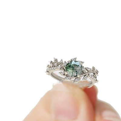 Leaf Shape 925 Sterling Silver Center Stone Bridal Mossagate แหวนหมั้น