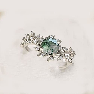 Leaf Shape 925 Sterling Silver Center Stone Bridal Mossagate แหวนหมั้น