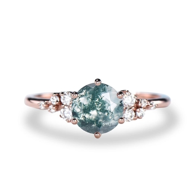 วินเทจสีเขียวอัญมณี Snowdrift Cluster แหวนแต่งงาน Natural Moss Agate