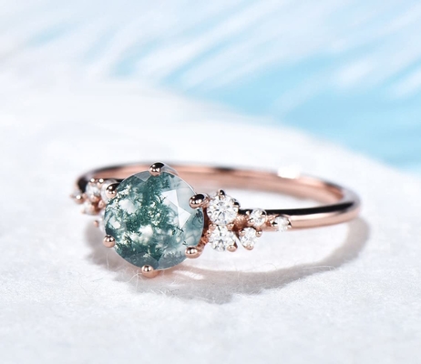 วินเทจสีเขียวอัญมณี Snowdrift Cluster แหวนแต่งงาน Natural Moss Agate