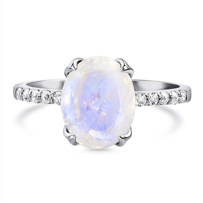 แหวนเงินแท้ 925 Halo CZ Hexagon Natural Blue Moonstone Ring