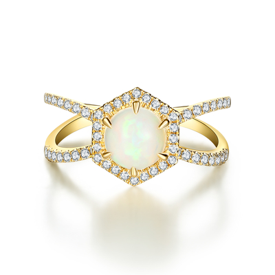 แหวนเงินแท้ 925 Halo CZ Hexagon Natural Blue Moonstone Ring