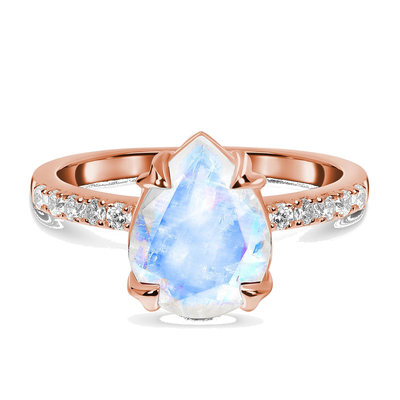 แหวนเงินแท้ 925 Halo CZ Hexagon Natural Blue Moonstone Ring
