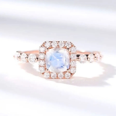 แหวนเงินแท้ 925 Halo CZ Hexagon Natural Blue Moonstone Ring