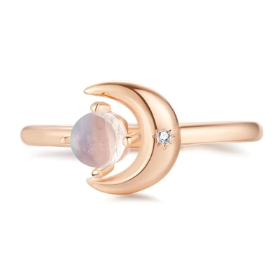 ที่ไม่ซ้ำกัน Moon Shape Silver Rose Gold Plated Natural Moonstone Silver Ring Star Round CZ Hot Selling Rings