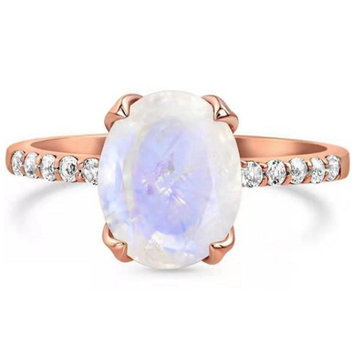 ที่ไม่ซ้ำกัน Moon Shape Silver Rose Gold Plated Natural Moonstone Silver Ring Star Round CZ Hot Selling Rings
