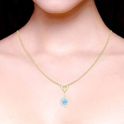 S925 เงินสเตอร์ลิงชุบทอง 14K เครื่องประดับทรงกลม Blue Moonstone Spheree สร้อยคอ เครื่องประดับคุณภาพสูง