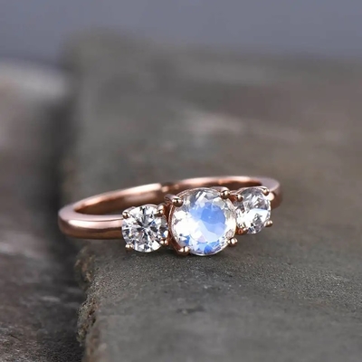 แหวนเงินแท้ 925 CZ Natural Faceted Rainbow Moonstone Three Stone Ring