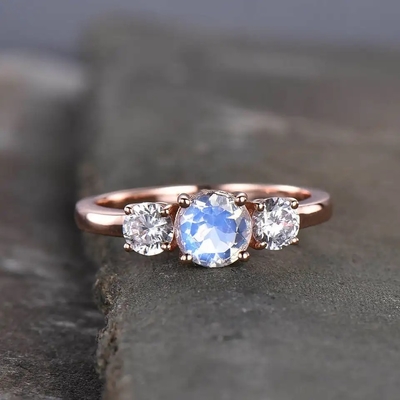 แหวนเงินแท้ 925 CZ Natural Faceted Rainbow Moonstone Three Stone Ring
