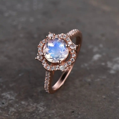 925 เงินสเตอร์ลิง CZ ขายส่งเครื่องประดับหินธรรมชาติเหลี่ยมเพชรพลอยแหวนมูนสโตนสายรุ้ง