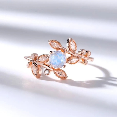 คุณภาพสูง 925 เงินสเตอร์ลิงเครื่องประดับหินธรรมชาติ Faceted Rainbow Moonstone Leaf Ring
