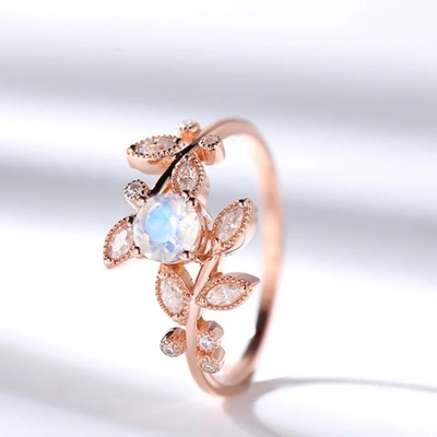 คุณภาพสูง 925 เงินสเตอร์ลิงเครื่องประดับหินธรรมชาติ Faceted Rainbow Moonstone Leaf Ring