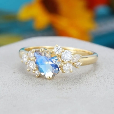 14K สีเหลืองทองเจ้าสาวสัญญาโบราณของขวัญวันครบรอบสำหรับผู้หญิงแหวนหมั้นมูนสโตนรูปลูกแพร์