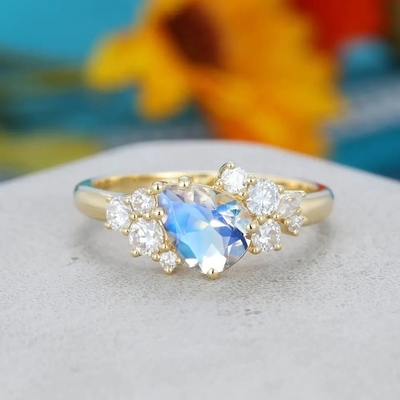 14K สีเหลืองทองเจ้าสาวสัญญาโบราณของขวัญวันครบรอบสำหรับผู้หญิงแหวนหมั้นมูนสโตนรูปลูกแพร์