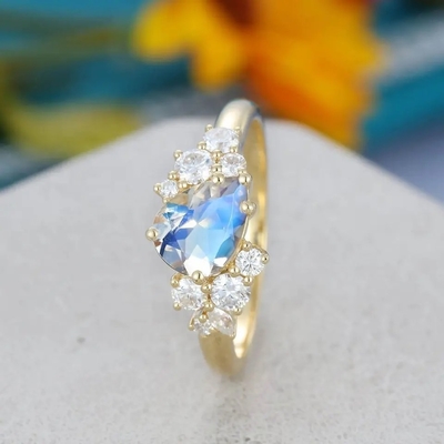 14K สีเหลืองทองเจ้าสาวสัญญาโบราณของขวัญวันครบรอบสำหรับผู้หญิงแหวนหมั้นมูนสโตนรูปลูกแพร์
