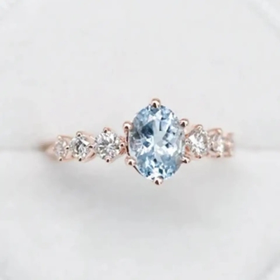 Delicate Fantastic S925 เงินสเตอร์ลิง Rose Gold รอบ Cz รูปไข่ Blue Aquamarine แหวนหมั้น Cluster Dainty แหวน