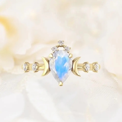 Natural Moonstone Gemstones 925 Silver Anniversary Jewelry Rings ลูกแพร์แท้