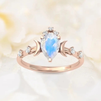 Natural Moonstone Gemstones 925 Silver Anniversary Jewelry Rings ลูกแพร์แท้