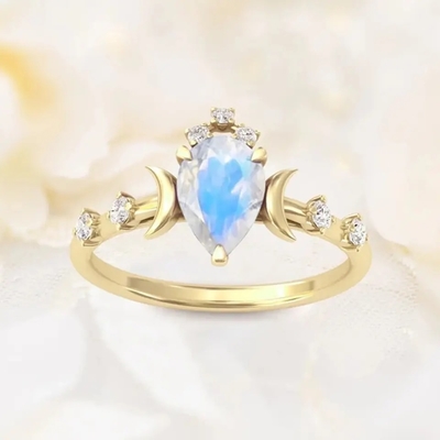 Natural Moonstone Gemstones 925 Silver Anniversary Jewelry Rings ลูกแพร์แท้