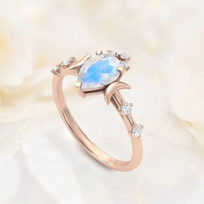 Natural Moonstone Gemstones 925 Silver Anniversary Jewelry Rings ลูกแพร์แท้