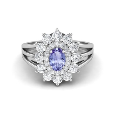 Flower Design JewellersClub Tanzanite Ring เครื่องประดับแหวนเงินแท้ประดับเพชรสีขาว