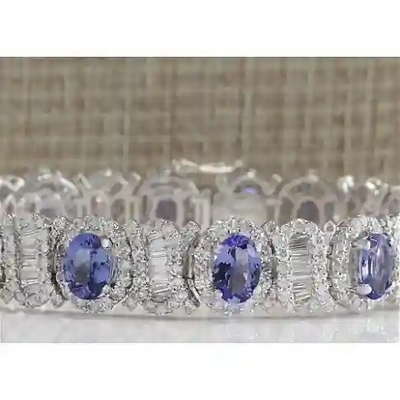 สร้อยข้อมือแทนซาไนท์ธรรมชาติและเพชร 24.70 CTW ตัวเรือนทองคำขาวแท้ 14K