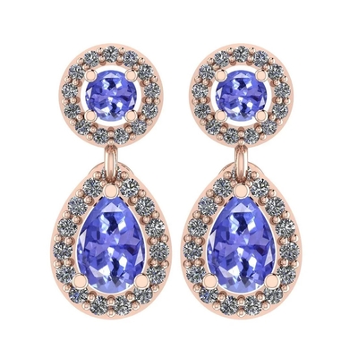 7.82 CTW ต่างหูแทนซาไนท์ธรรมชาติและเพชร ตัวเรือนเยลโลว์โกลด์ 14K