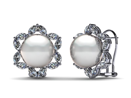 ต่างหูเพชรทองคำขาว 14K และมุกน้ำจืดสีขาว Marquise