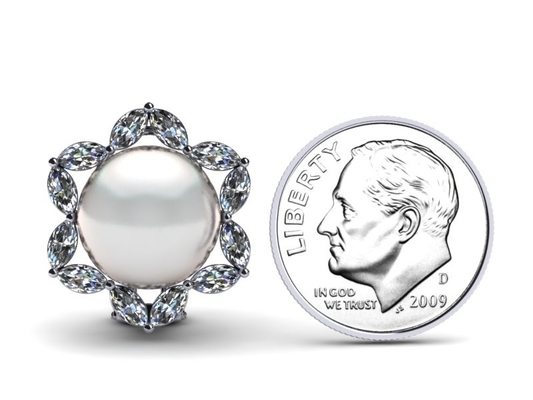 ต่างหูเพชรทองคำขาว 14K และมุกน้ำจืดสีขาว Marquise