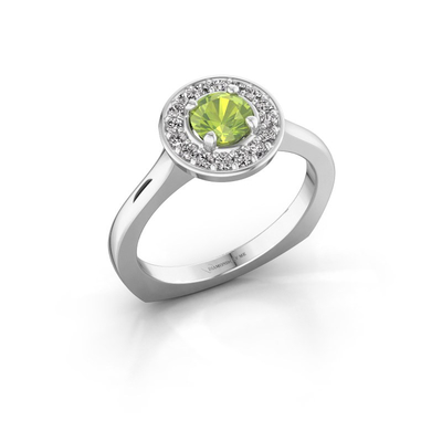 แหวน Halo Platinum Halo พร้อมเพอริดอทขนาดใหญ่โอบล้อมด้วยอัญมณีขนาดเล็กกว่า
