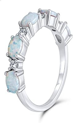 Thin CZ Accent Stackable 1/2 Eternity Oval Blue Pink สร้างแหวนวงโอปอลสำหรับผู้หญิง