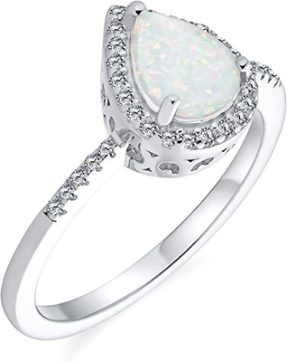 Petite Gemstone Micro Pave CZ Halo รังสรรค์แหวนโอปอลสีขาวรูปทรงลูกแพร์ทรงหยดน้ำ