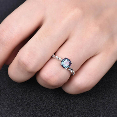 แหวนเงินแท้ 925 Art Deco Promise Ring June Birthstone Silver Lab สร้างแหวนพลอยอเล็กซานไดรต์