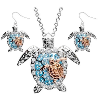 สร้อยคอเต่าทะเลสีเขียวเครื่องประดับโซ่เงินพร้อมจี้ Rhinestone สำหรับชุดลำลองสร้อยคอ Sea Life