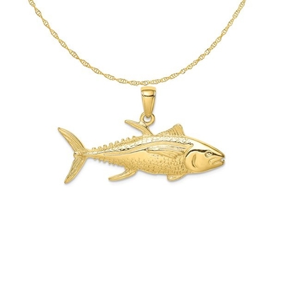 กะรัตในกะรัต 10K สีเหลืองทองปลาทูน่าสีเหลืองจี้ Charm กับ 14K สีเหลืองทองสร้อยคอเชือกเชือกน้ำหนักเบา 18