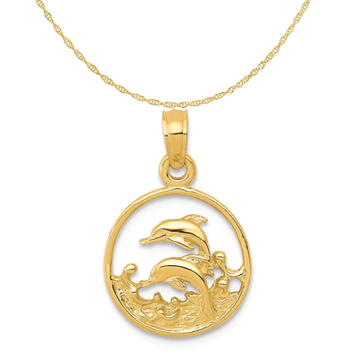 กะรัตในกะรัต 14K สีเหลืองทอง Double Dolphin Circle จี้ Charm พร้อมสร้อยคอโซ่เชือกเชือกสีเหลืองทอง 10K น้ำหนักเบา