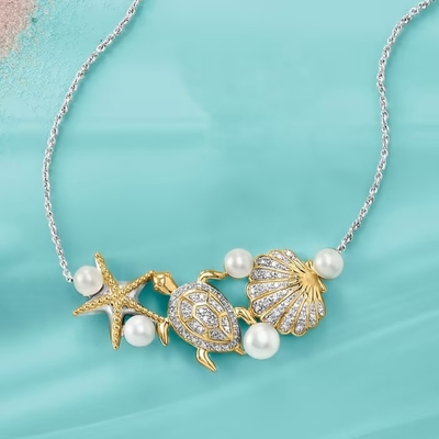 ไข่มุกเลี้ยง 4-5.5 มม. และ .14 กะรัต ที.ดับบลิว. สร้อยคอ Diamond Sea Life เป็นเงินสเตอร์ลิงและทองคำ 18kt รายละเอียดเกี่ยวกับสเตอร์ลิง