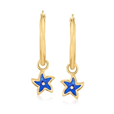ต่างหูห่วงปลาดาวเคลือบสีน้ำเงินอิตาลีในทองคำ 14kt สีเหลือง 1 1/4