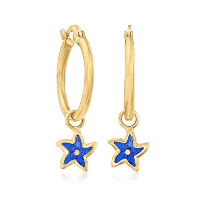 ต่างหูห่วงปลาดาวเคลือบสีน้ำเงินอิตาลีในทองคำ 14kt สีเหลือง 1 1/4