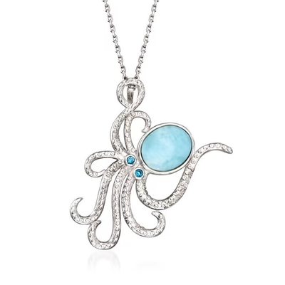 สร้อยคอพร้อมจี้ Larimar Octopus เป็นเงินสเตอร์ลิงประดับ CZ