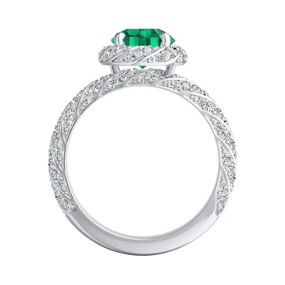 Halo Jewelry Round Cut แหวนแต่งงาน Lab สร้างแหวนหมั้นมรกตสีเขียว